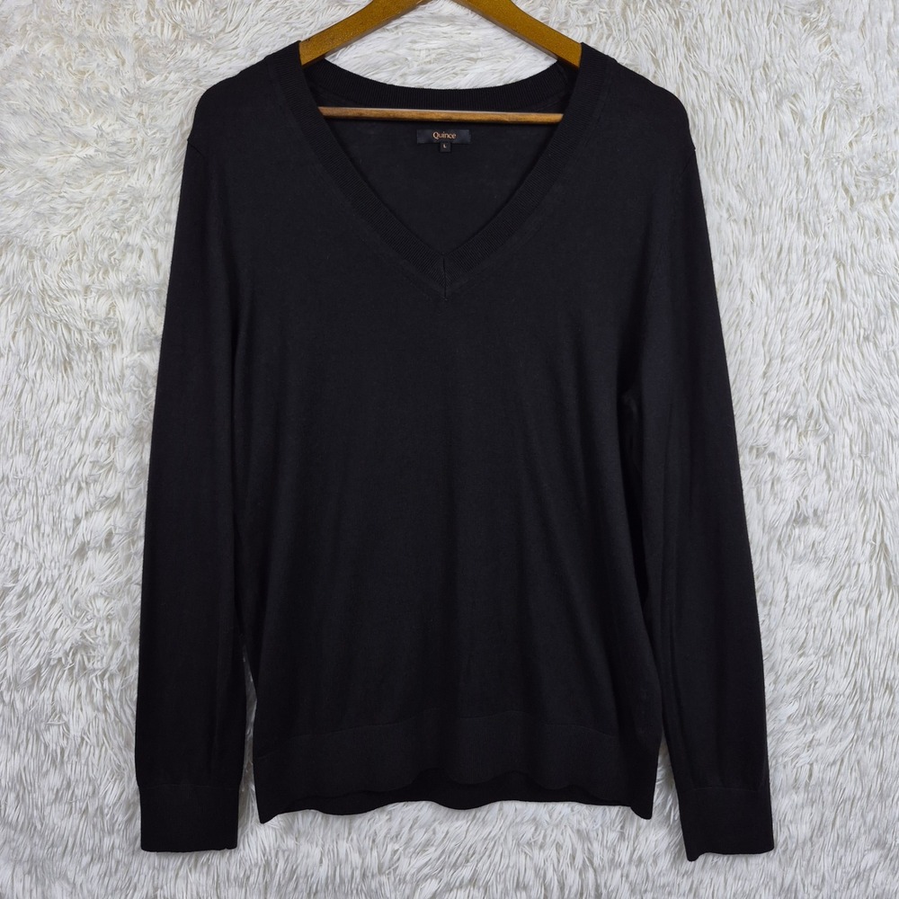 Quince Black Lightweight Organic Cotton Cashmere V-Neck Sweater SHWDC01 L